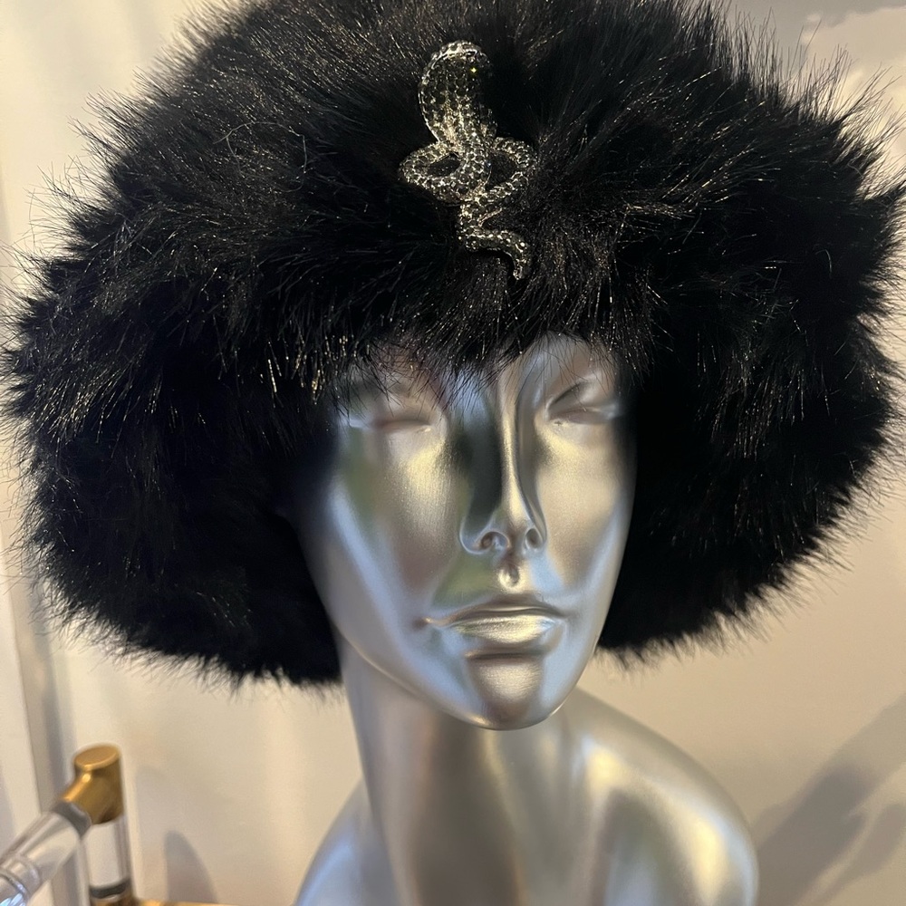 Miles Williams Black Faux Fur Bucket Hat with removable Snake Brooch.
